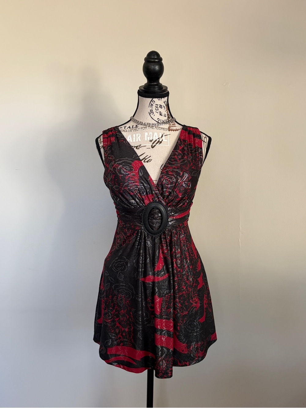 vintage Y2K grunge fairy black metallic red floral o ring micro mini dress/top
